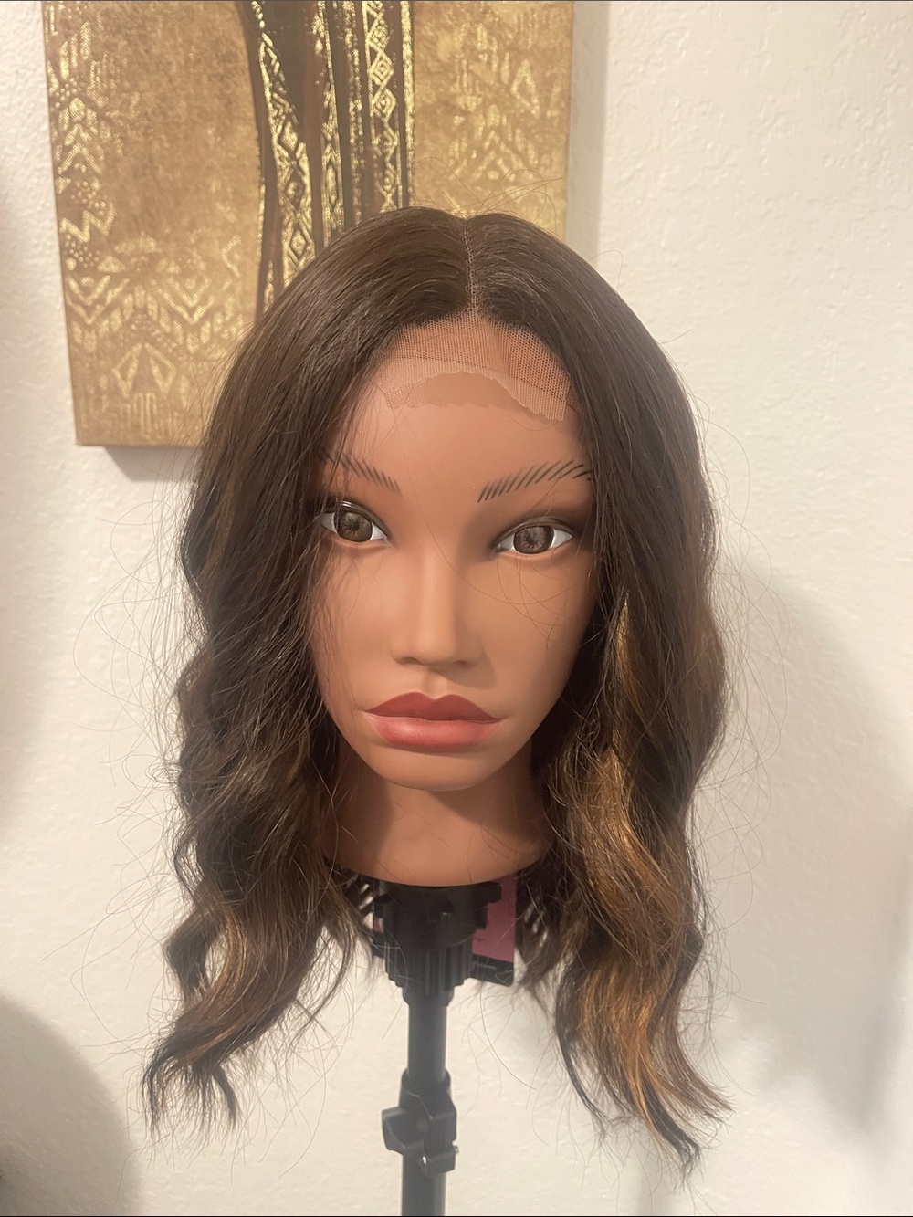 Lace Front Wavy Human Hair Wig - Brown with Honey Highlights nwt
